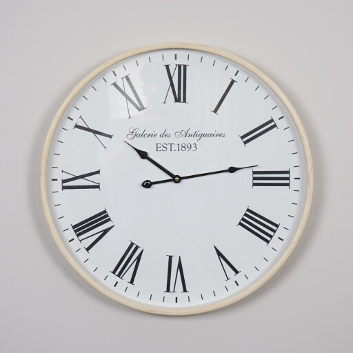 ساعة جدارية دائرية ابيض اطار خشب قطر 53 سم Round Wall Clock 53cm White Wooden Frame