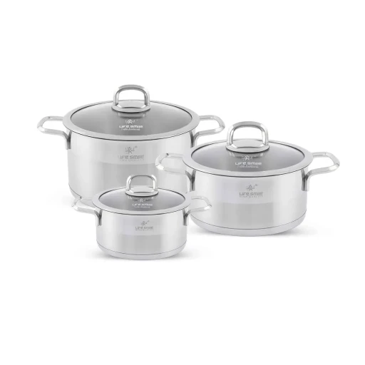 طقم قدور 6 قطع ستانلس ستيل عيار 18/10 من لايف سمايل Life Smile 6 Piece Stainless Steel Pots Set