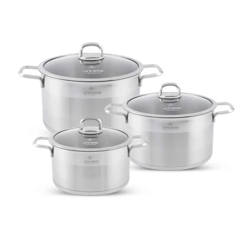 طقم قدور 6 قطع ستانلس ستيل عيار 18/10 من لايف سمايل Life Smile 6 Piece Stainless Steel Pots Set