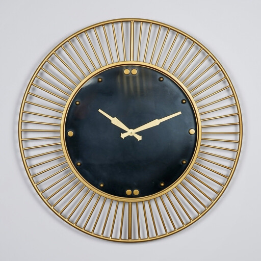 ساعة اسود اطار ذهبي خطوط Black Wall Clock Gold Frame Lines Design