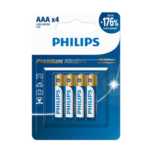 بطاريات فيليبس ألكالاين بريميوم AAA (4 قطع) Philips Premium Alkaline LR03 Micro Batteries - 4Pcs