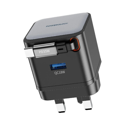 شاحن جداري "باورولوجي" ذكي بقوة 35 واط بتقنية GaN مع كابل Type-C مدمج قابل للسحب - أسود Powerology 35W Retractable GaN Charger with 75cm Type-C Cable – Black
