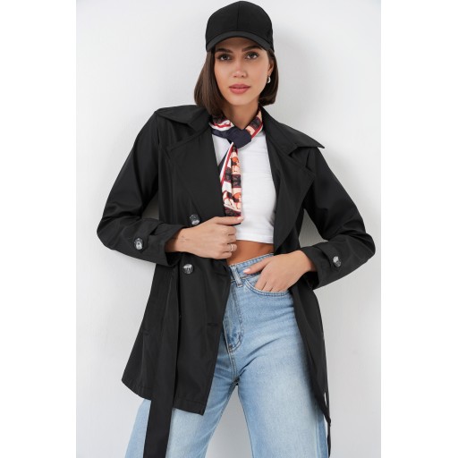 Women's Belted Short Trench Coat 5982 - Black