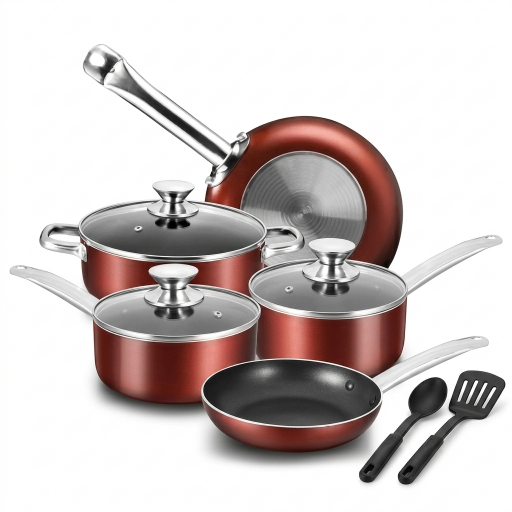 طقم أواني كوكركين غير اللاصقة متعددة الاستخدامات ماروني Cokerkin Non-Stick Multi-Purpose Cookware Set Maroon