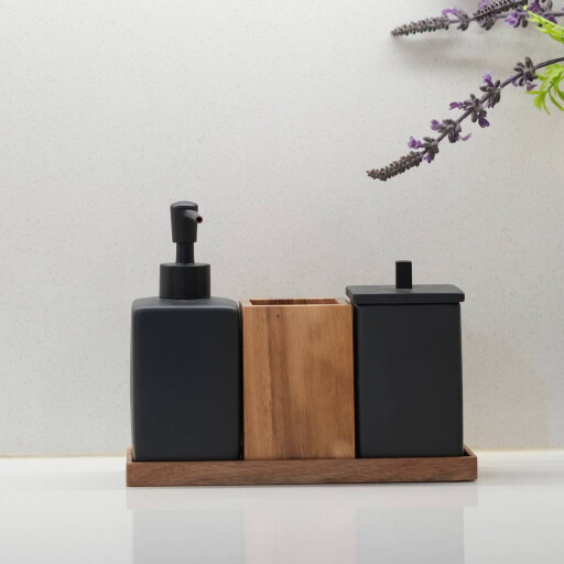 سيت حمام خشب + سيراميك أسود 4 قطع 4-Piece Wood & Black Ceramic Bathroom Accessory Set