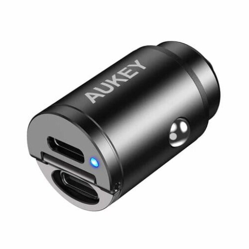 أوكي شاحن سيارة ثنائي المنافذ USB C، بقوة 30 واط، مقبض صغير قابل للطي Aukey Dual Port USB-C Car Charger, 30W, Foldable Mini Handle
