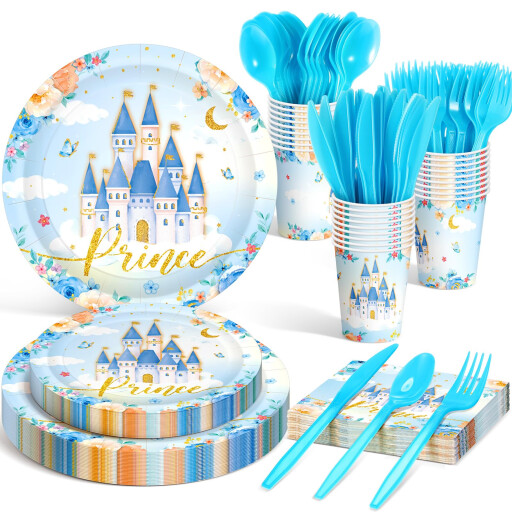مجموعة حفلات القلعة الزرقاء الفاخرة 168 قطعة لـ 24 ضيف Luxury Blue Castle Party Set, 168 pieces for 24 guests