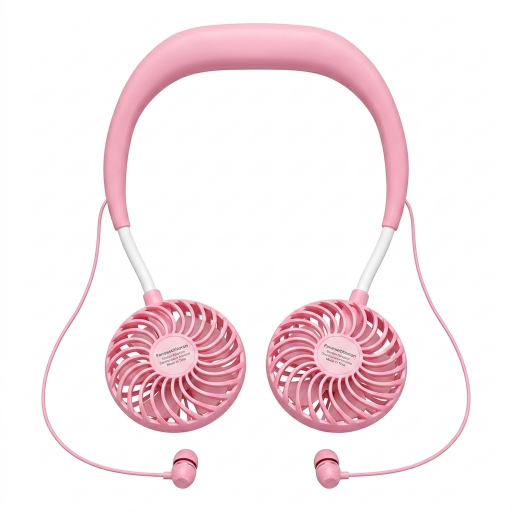 مروحة رقبة وردية بسماعات بلوتوث مدمجة عملية Pink neck fan with built-in Bluetooth speakers, practical