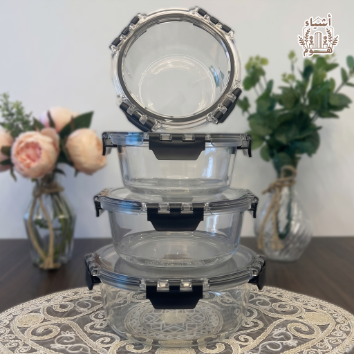 طقم حافظات طعام زجاجية دائرية فاخرة بمشابك إغلاق محكمة (4 قطع) Premium Round Glass Food Storage Containers Set with Airtight Locking Lids - 4 Pcs