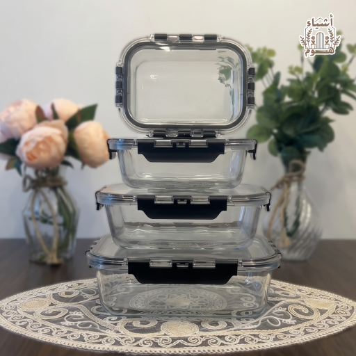طقم حافظات طعام زجاجية مستطيلة فاخرة بمشابك إغلاق محكم 4 قطع Rectangular Glass Containers Set with Airtight Locking Lids - 4 Pcs