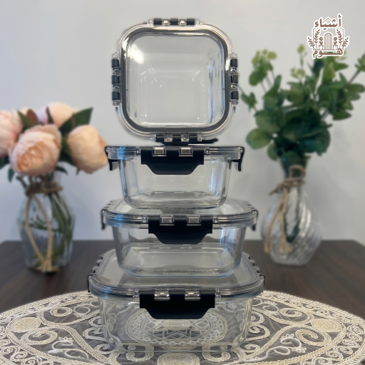 طقم حافظات طعام زجاجية مربعة فاخرة بمشابك إغلاق محكم 4 قطع Square Glass Containers Set with Airtight Locking Lids - 4 Pcs