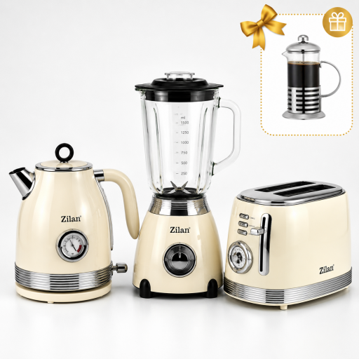 Zilan 3-Piece Retro Kitchen Set (Kettle, Blender, Toaster) + FREE Floria French Press Gift طقم مطبخ زيلان ريترو ٣ قطع (غلاية، خلاط، محمصة خبز) + هدية محضرة قهوة فرنش برس من فلوريا