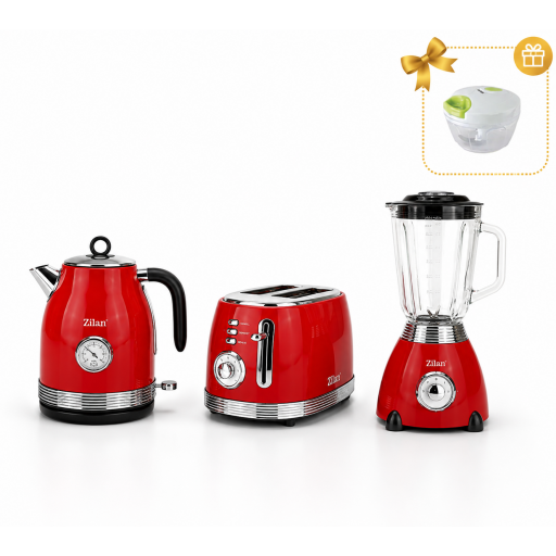 Zilan 3-Piece Retro Kitchen Set (Red) – Kettle, Blender, Toaster + FREE Floria Manual Chopper Gift طقم مطبخ زيلان ريترو ٣ قطع (أحمر) - غلاية، خلاط، محمصة خبز + فرامة يدوية من فلوريا هدية مجانية