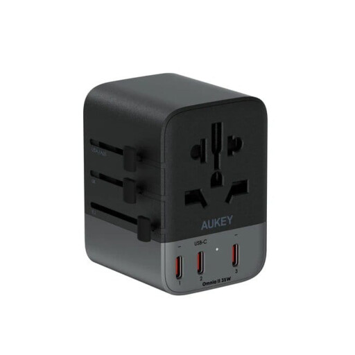 اوكي محول طاقة عالمي مزود بمنفذي تيار متردد، منفذي USB A، ثلاثة منافذ USB C، بقدرة 35 واط Aukey Universal Adapter With 2 Ac Sockets, 2 USB-A & 3 USB-C Ports, 35W