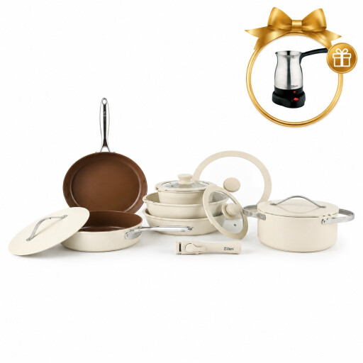طقم أواني طهي سيراميك زيلان الفاخر + هدية مجانية ماكينة تحضير قهوة تركية كهربائية Zilan Premium Ceramic Non-Stick Cookware Set + FREE Zilan Electric Turkish Coffee Maker Gift