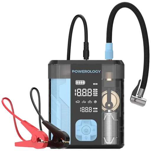 باورولوجي 3 في 1 مشغل بطارية وضاغط إطارات وباور بانك Powerology 3-In-1 Jump Starter & Tire Inflator - Black/Blue