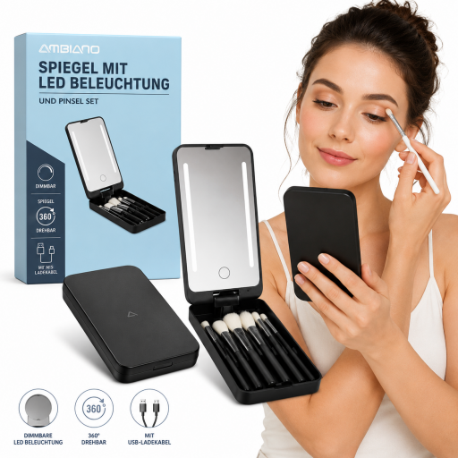 طقم مرآة مضيئة مع فرش مكياج عدد 5 مكياج اسود Illuminated mirror set with 5 makeup brushes, black makeup