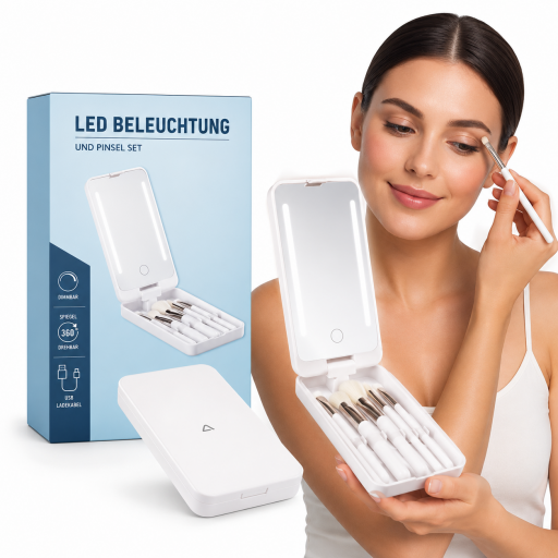 طقم مرآة مضيئة مع فرش مكياج عدد 5 مكياج ابيض Illuminated mirror set with 5 makeup brushes, white makeup