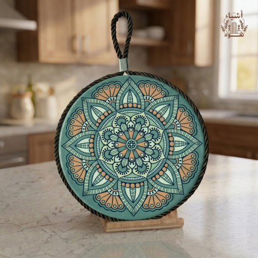 قاعدة تقديم حرارية دائرية بنقوش الماندالا الفيروزية مع حبل تعليق (قطر 13 سم) Circular Ceramic Hot Pot Coaster with Mint & Turquoise Mandala Pattern