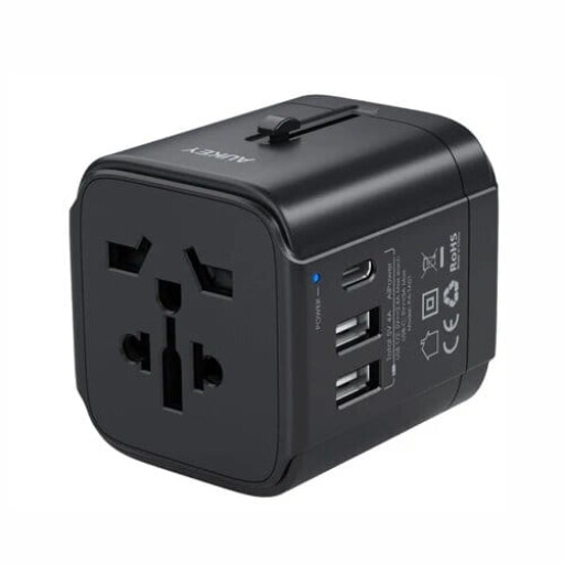 اوكي محول سفر عالمي مزود بمنافذ USB C وUSB A، فيوز مدمج، مؤشر طاقة LED، تصميم قابس قابل للعكس Aukey Universal Travel Adapter With USB C and USB A Ports, Built In Fuse, LED Power Indicator, Reversible Plug Design