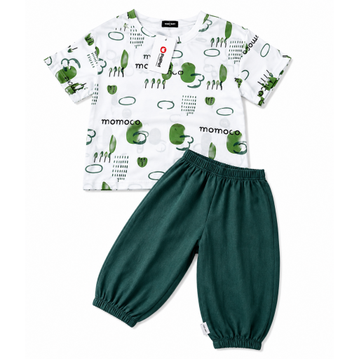طقم أطفال صيفي قطعتين بطبعات عصرية – أخضر وأبيض Kids Summer Two-Piece Outfit – Green & White Print