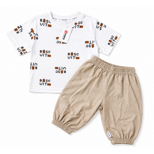 طقم أطفال صيفي قطعتين بطبعة الدب – أبيض وبيج Kids Two-Piece Bear Print Summer Set – White & Beige