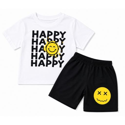 طقم أطفال صيفي HAPPY قطعتين – أبيض وأسود Kids HAPPY Two-Piece Summer Set – White & Black