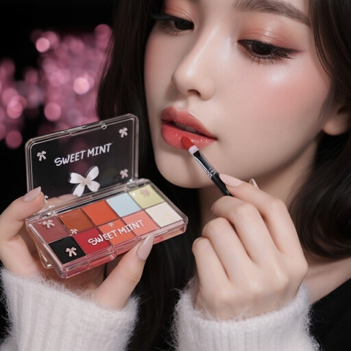 باليت حمرة وبلاشر كريمي 10 ألوان بنقشة الفيونكة من سويت مينت Sweet Mint 10-Color Cream Lipstick and Blush Palette with Bow Pattern