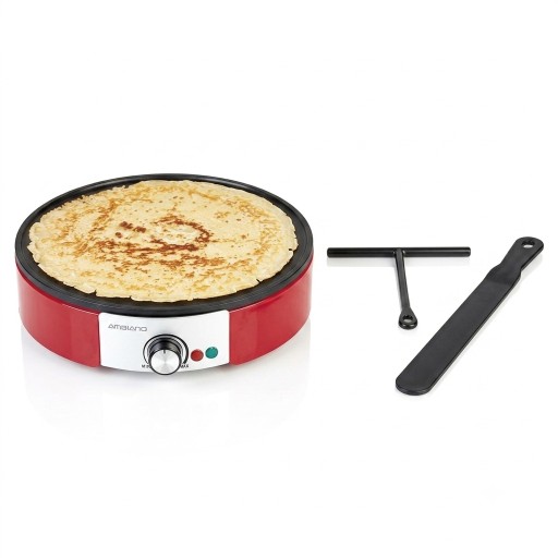 صانعة كريب احمر مميز كهربائية احترافية بسطح واسع وتحكم حراري Professional electric crepe maker with a wide surface and temperature control, featuring a distinctive red crepe.