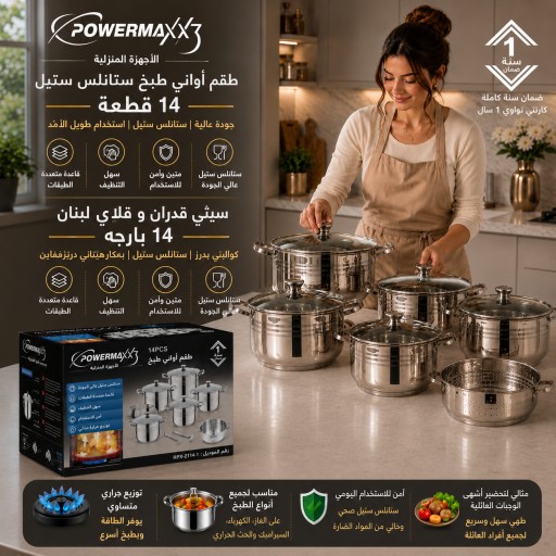 طقم أواني طبخ ستانلس ستيل باورماكس 14 قطعة
