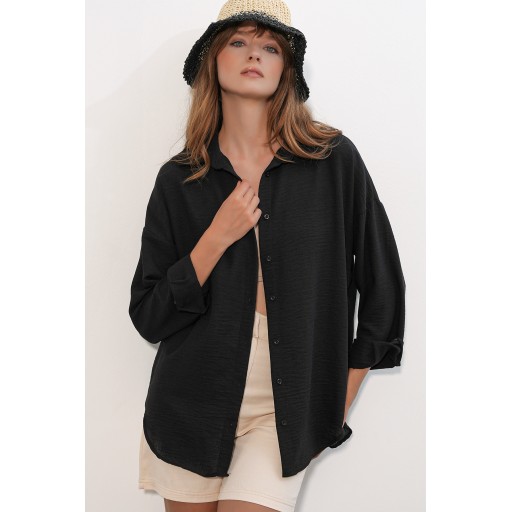 قميص نسائي أوفرسايز كتان 20338 - أسود Women's Oversize Linen Shirt 20338 - Black