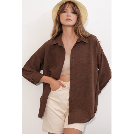 قميص نسائي كتان واسع 20338 - بني Women's Oversize Linen Shirt 20338 - Brown