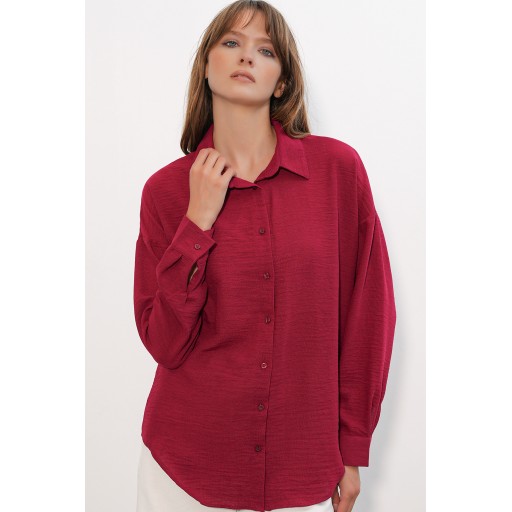 قميص نسائي كتان واسع 20338 - خمري Women's Oversize Linen Shirt 20338 - Burgundy