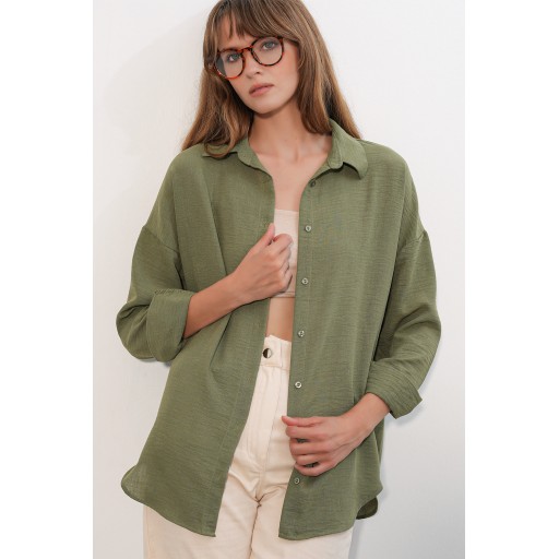 قميص نسائي كتان فضفاض 20338 - كاكي Women's Oversize Linen Shirt 20338 - Khaki