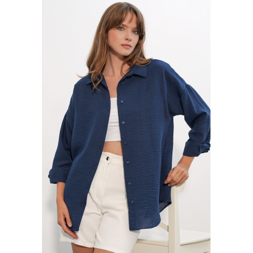 قميص نسائي كتان فضفاض 20338 - كحلي Women's Oversize Linen Shirt 20338 - Navy Blue