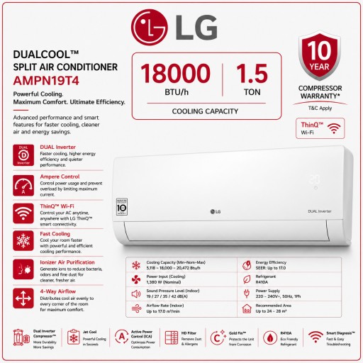 سبلت ال جي جداري - 1.5 طن - AMPN19T4 - انفيرتر - تحكم بالامبير - ابيض LG AMPN19T4 - 1.5 Ton - Wall Mounted Split - White - Inverter - Amp Control