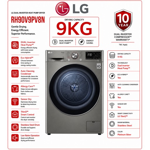 مجففة إل جي بمضخة حرارية – 9 كجم – Dual Inverter – موديل RH90V9PV8N – سلفر LG Heat Pump Tumble Dryer – 9 kg – Dual Inverter – Model RH90V9PV8N – Silver