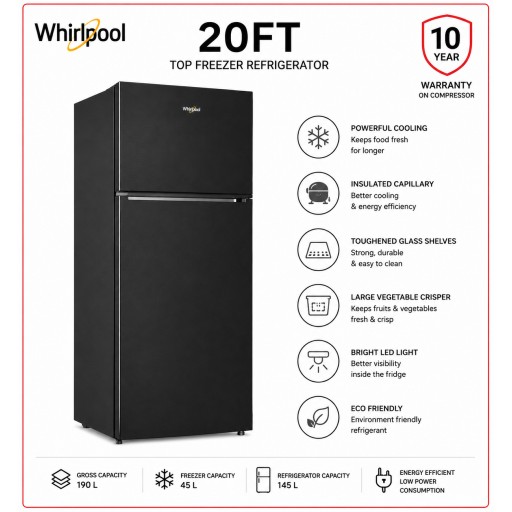 ثلاجة ويرلبول – 20 قدم – فريزر علوي – موديل WTMS701461BNA – أسود Whirlpool Refrigerator – 20 ft – Top Freezer – Model WTMS701461BNA – Black