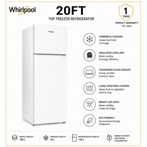 ثلاجة ويرلبول – 20 قدم – فريزر علوي – موديل WTMS701461BNA – Whirlpool Refrigerator – 20 ft – Top Freezer – Model WTMS701461BNA – white