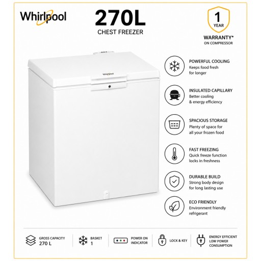 فريزر ويرلبول أفقي – 7 قدم مكعب – موديل CF 27T – أبيض Whirlpool Chest Freezer – 7 cu ft – Model CF 27T – White
