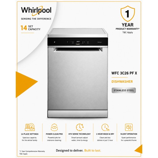 غسالة أطباق ويرلبول قائمة – 14 إعداد – PowerClean Pro – موديل WFC3C26PFX – إينوكس Whirlpool Freestanding Dishwasher – 14 Place Settings – PowerClean Pro – Model WFC3C26PFX – Inox