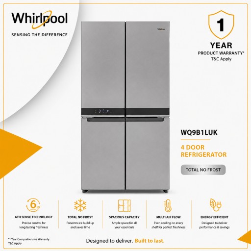 ثلاجة ويرلبول أمريكية جنبًا لجنب – 591 لتر – فضي – موديل WQ9B1LUK Whirlpool Side-by-Side Fridge Freezer – 591L – Silver – Model WQ9B1LUK