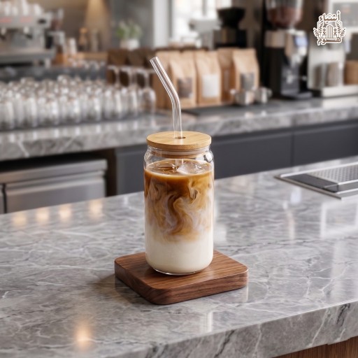 كوب زجاجي شفاف للقهوة الباردة بغطاء خيزران وماصة زجاجية Bamboo Lid Can-Style Glass Cup for Iced Coffee with Glass Straw