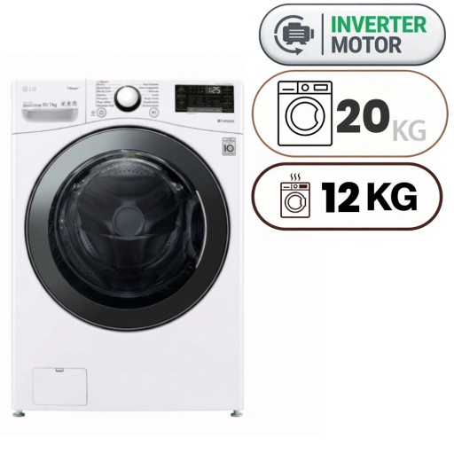 غسالة تعبئة أمامية مع نشافة - 20 كغم - 12 كغم - إنفرتر - أبيض ناصع Front Load Washing Machine and Dryer - 20 kg - 12 kg - Inverter - Clean White