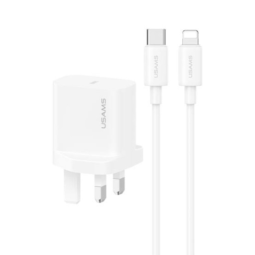 شاحن سريع أصلي من USAMS بقوة 20 واط (Type-C إلى Lightning) USAMS YI Series PD20W Fast Charger Kit (UK)