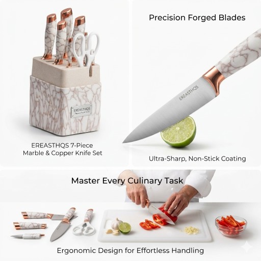 طقم سكاكين مطبخ EREASTHQS – 7 قطع بطبقة مانعة للالتصاق مع حامل أكريليك. EREASTHQS Kitchen Knife Set - 7 Pieces with Non-Stick Coating and Acrylic Holder.