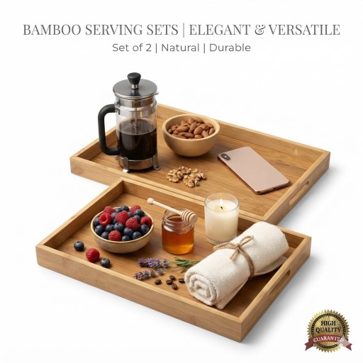 طقم صواني تقديم من الخيزران الطبيعي – قطعتين بمقاسين  فاخرة Natural bamboo serving tray set – 2 pieces in two luxurious sizes