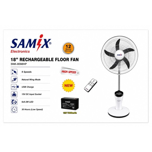 مروحة عمودية شحن سايمكس تشتغل ٣٠ ساعة حجم ١٨ ضمان سنة FAN SAMIX 18 AC DC