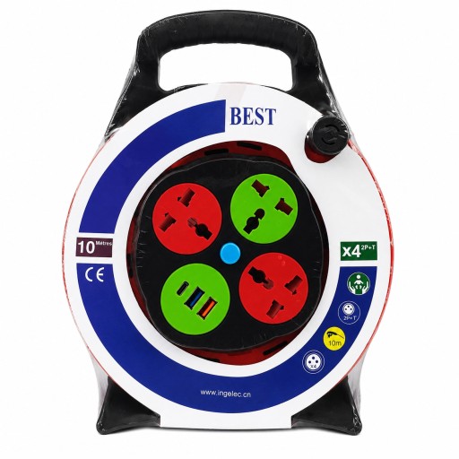 بكرة سلك كهرباء 10 متر مع 4 منافذ ومنافذ USB متعددة BEST 10M Extension Cord Reel with 4 Universal Sockets & USB Ports