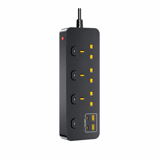 مشترك كهربائي UK03 بـ 4 منافذ و4 منافذ USB – قدرة 2500 واط UK03 Power Strip with 4 AC Outlets & 4 USB Ports – 2500W